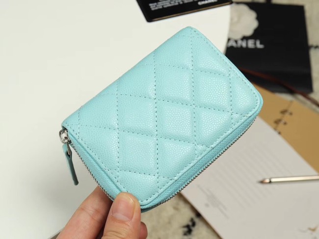 Chanel classic card holder Grained Calfskin & silver-Tone Metal A69271 sky Blue