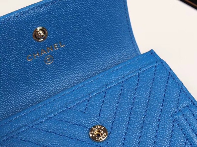 Chanel Calfskin Leather Card packet & Gold-Tone Metal A80603 blue