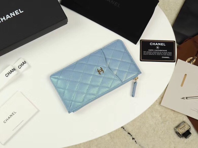 Chanel Calfskin Leather Card packet & Gold-Tone Metal A81598 light blue