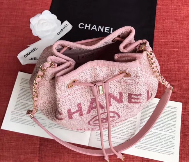 CHANEL Tweed Calfskin drawstring bag & Gold-Tone Metal AS0455 pink