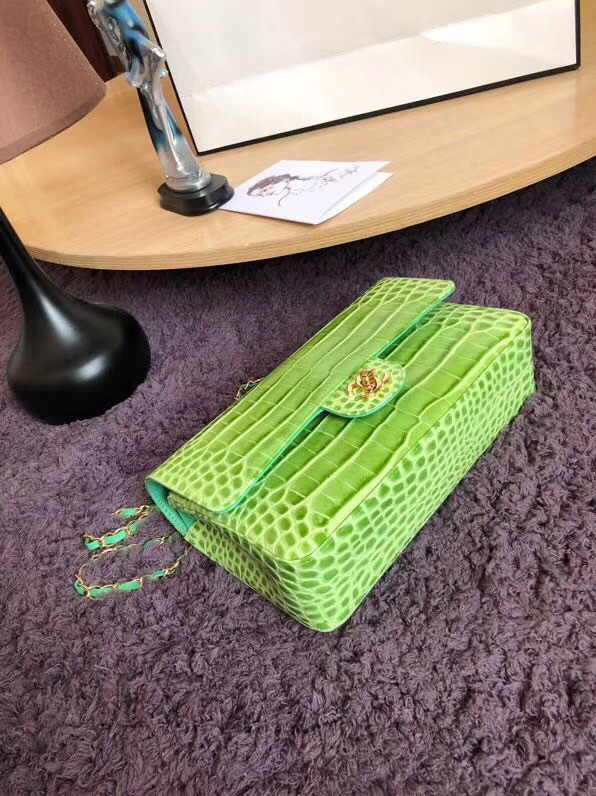 Chanel Classic Flap Bag Original Alligator & Gold-Tone Metal A01112 Green grass