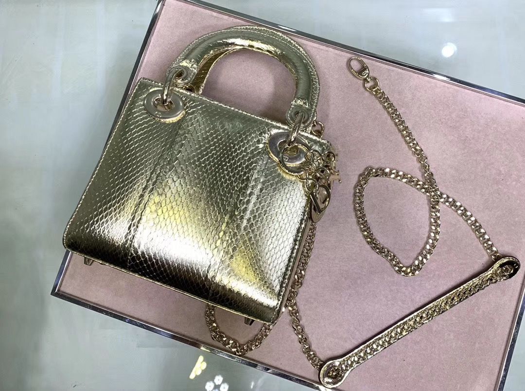 MINI LADY DIOR TOTE BAG ORIGINAL PYTHON LEATHER D2358 Gold