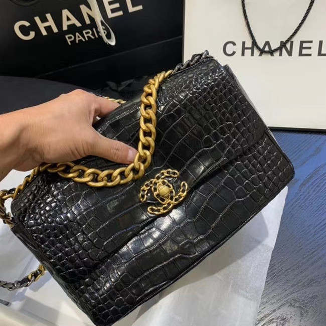 CHANEL 19 Flap Bag Crocodile Leather AS1160 black