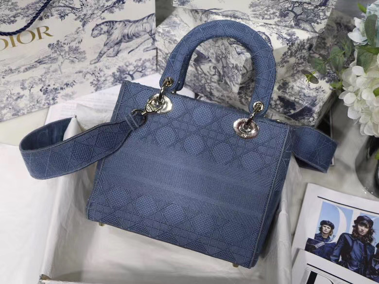 DIOR MEDIUM LADY D-LITE BAG Dark Denim Blue Cannage Embroidery M0565OREY