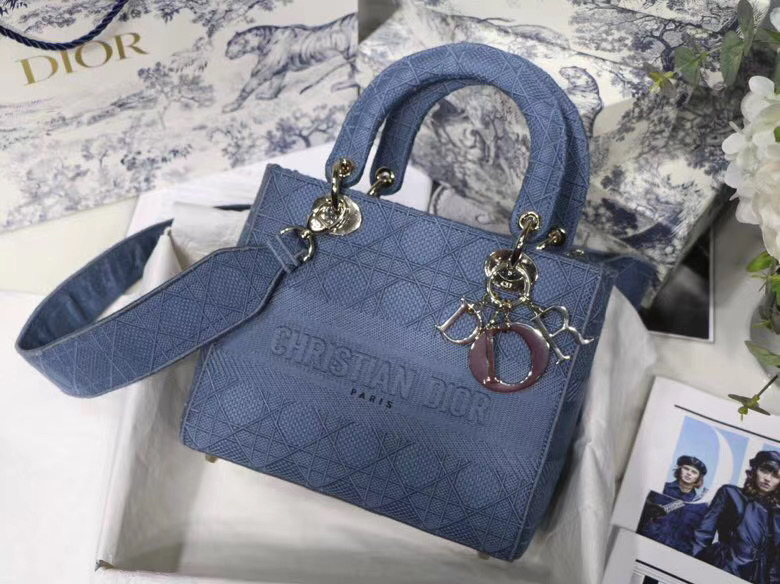 DIOR MEDIUM LADY D-LITE BAG Dark Denim Blue Cannage Embroidery M0565OREY