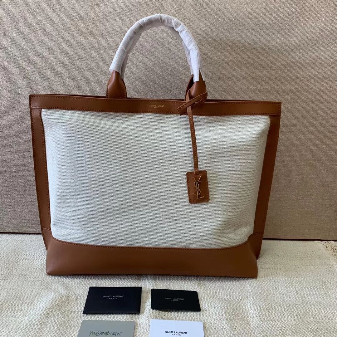 Yves Saint Laurent CANVAS tote bag Y615719 brown&white