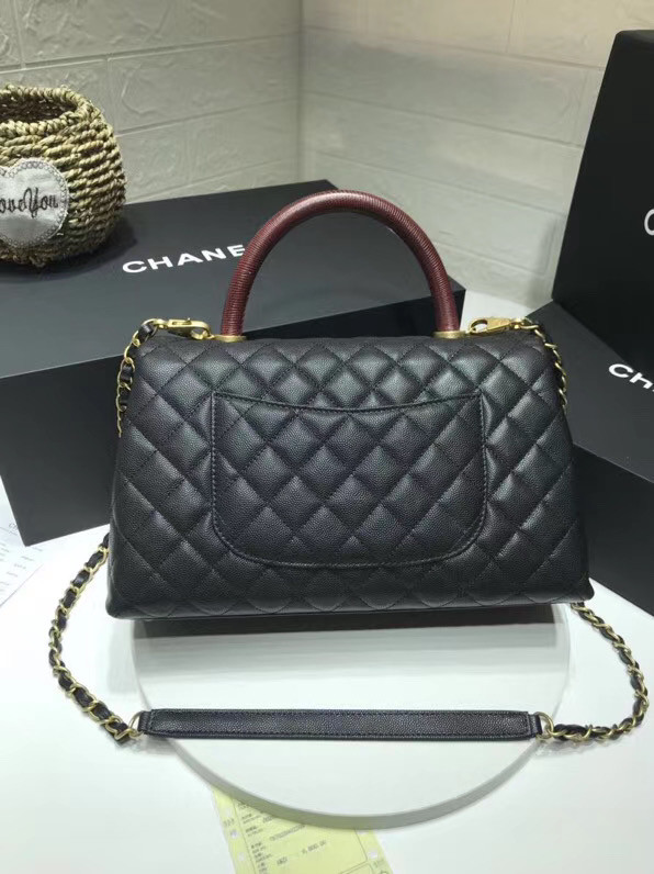 Chanel flap bag with red top handle A92991 black