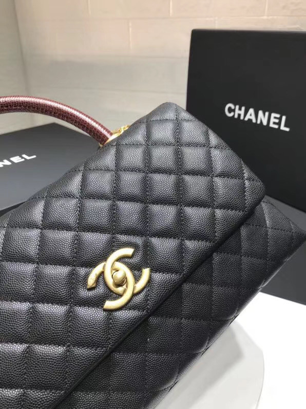 Chanel flap bag with red top handle A92991 black