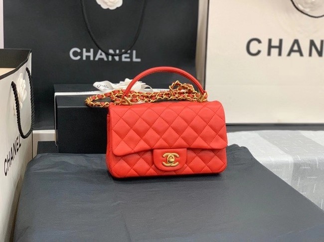 Chanel small tote bag Sheepskin & Gold-Tone Metal AS8816 red