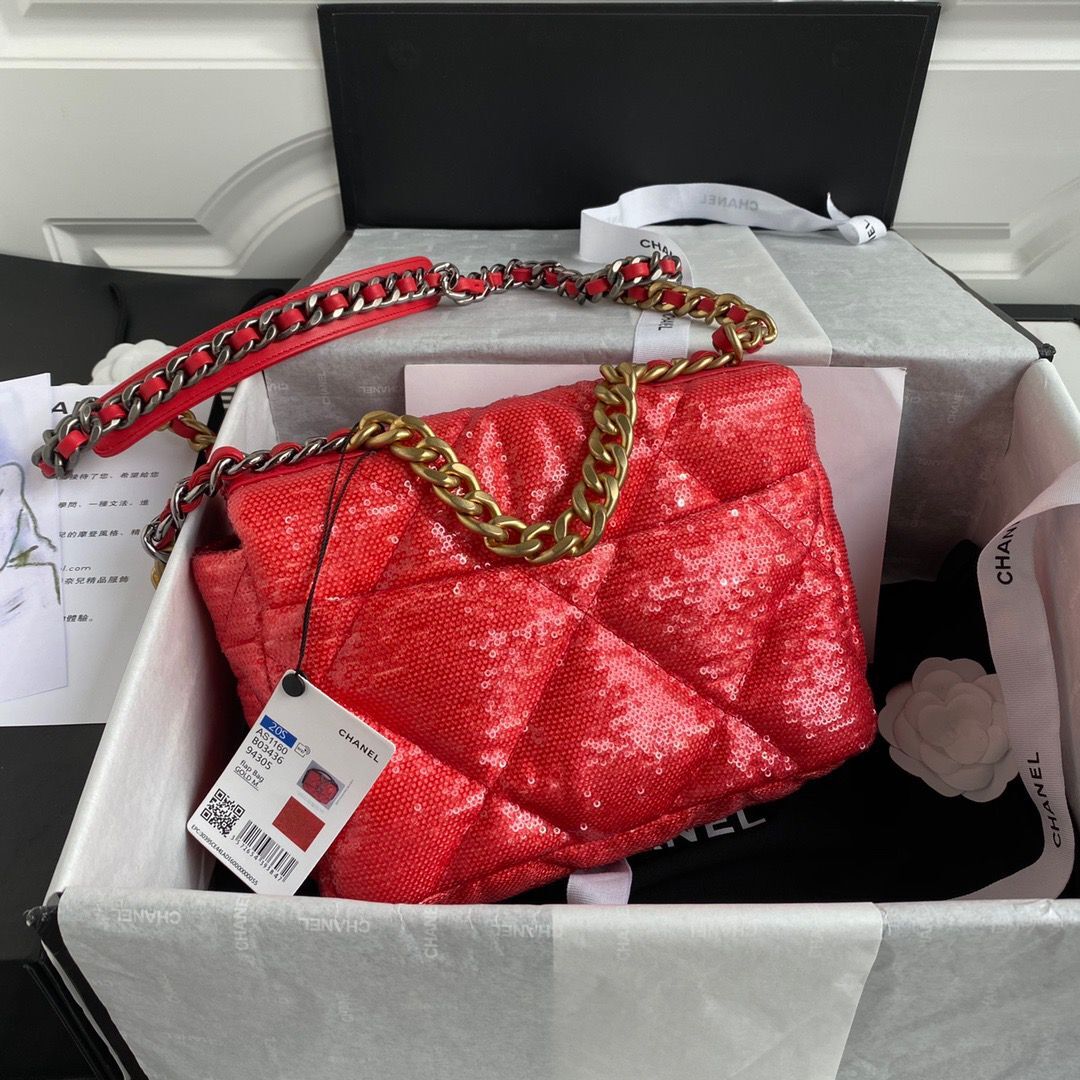 Chanel 19 Flap Bag Original Beads Leather AS1160 Red