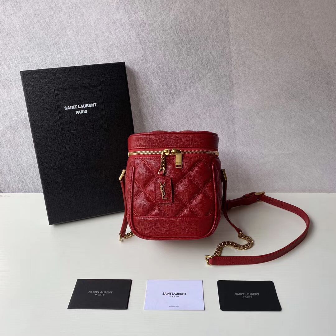 SAINT LAURENT 80S VANITY BAG IN CARRE-QUILTED GRAIN DE POUDRE EMBOSSED LEATHER 649779 red