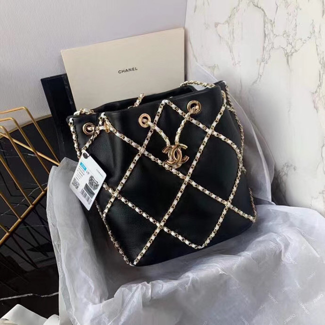 Chanel drawstring bag Lambskin AS2386 black & white