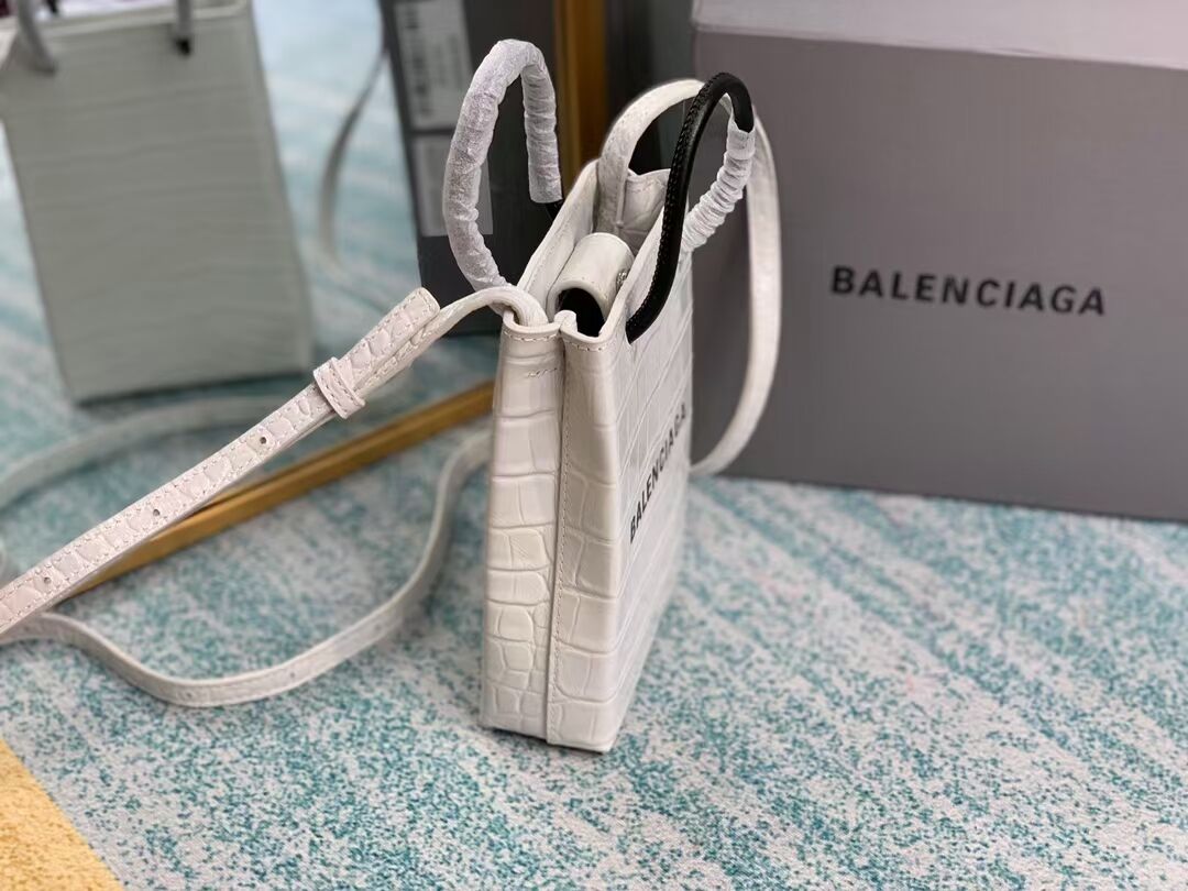 Balenciaga Original shiny crocodile embossed leather Mini Shopper Bag B152865 white