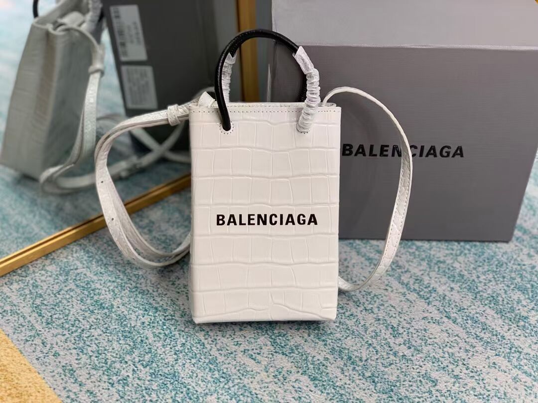 Balenciaga Original shiny crocodile embossed leather Mini Shopper Bag B152865 white