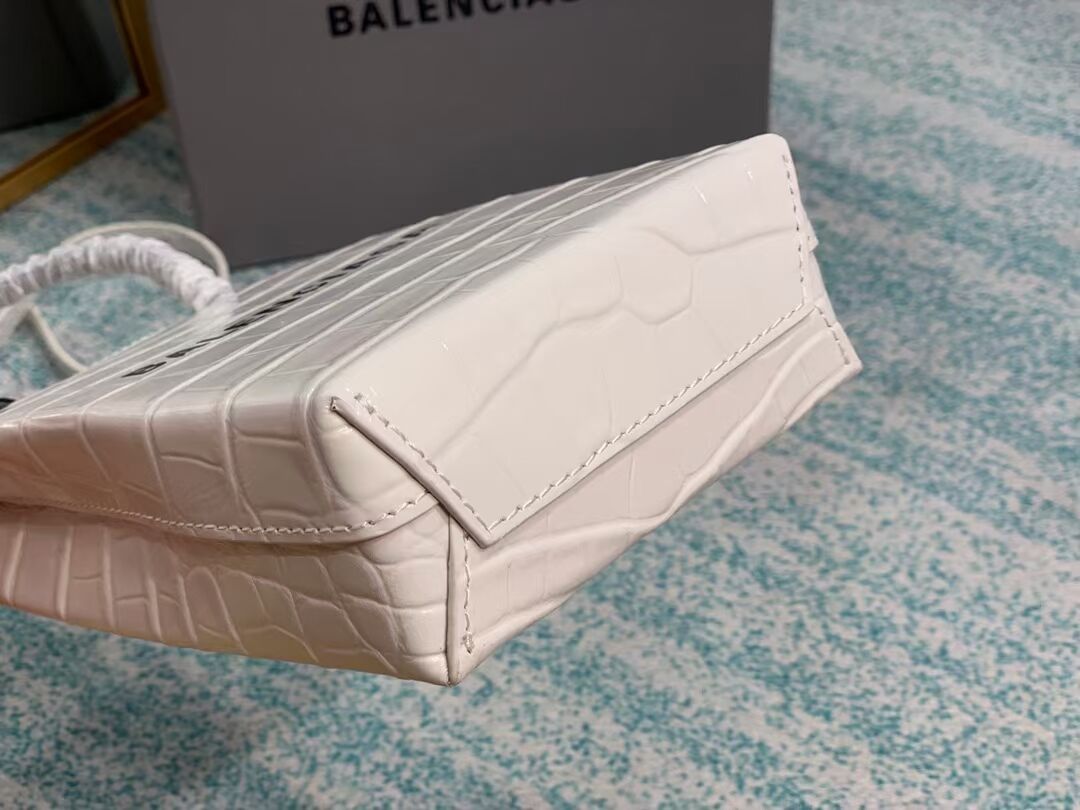 Balenciaga Original shiny crocodile embossed leather Mini Shopper Bag B152865 white