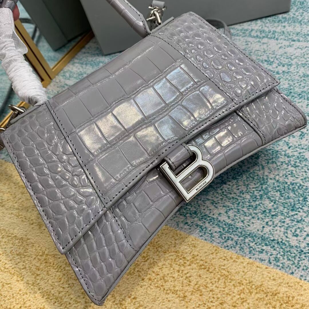 Balenciaga HOURGLASS SMALL TOP HANDLE BAG crocodile embossed calfskin B108895E grey