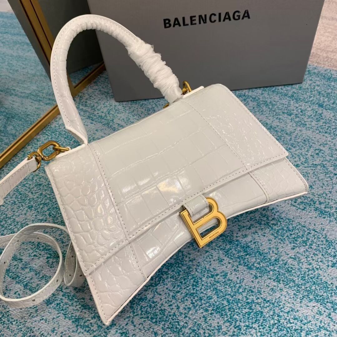 Balenciaga HOURGLASS SMALL TOP HANDLE BAG crocodile embossed calfskin B108895E white