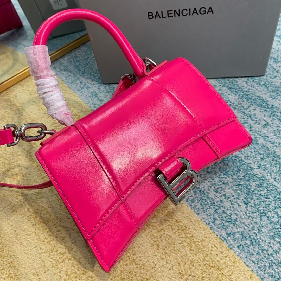 Balenciaga Hourglass XS Top Handle Bag shiny box calfskin 28331 neon pink