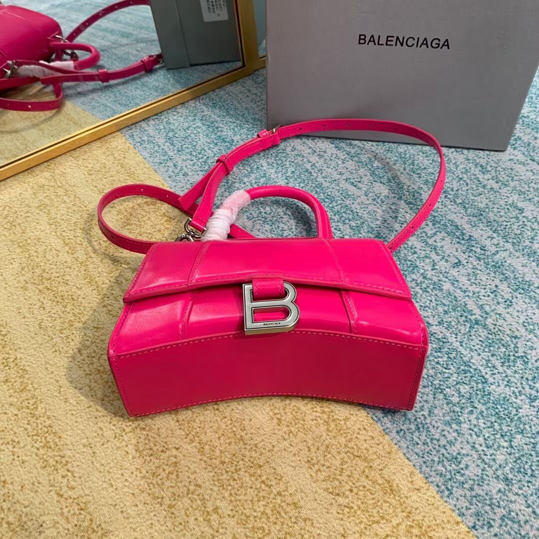 Balenciaga Hourglass XS Top Handle Bag shiny box calfskin 28331 neon pink