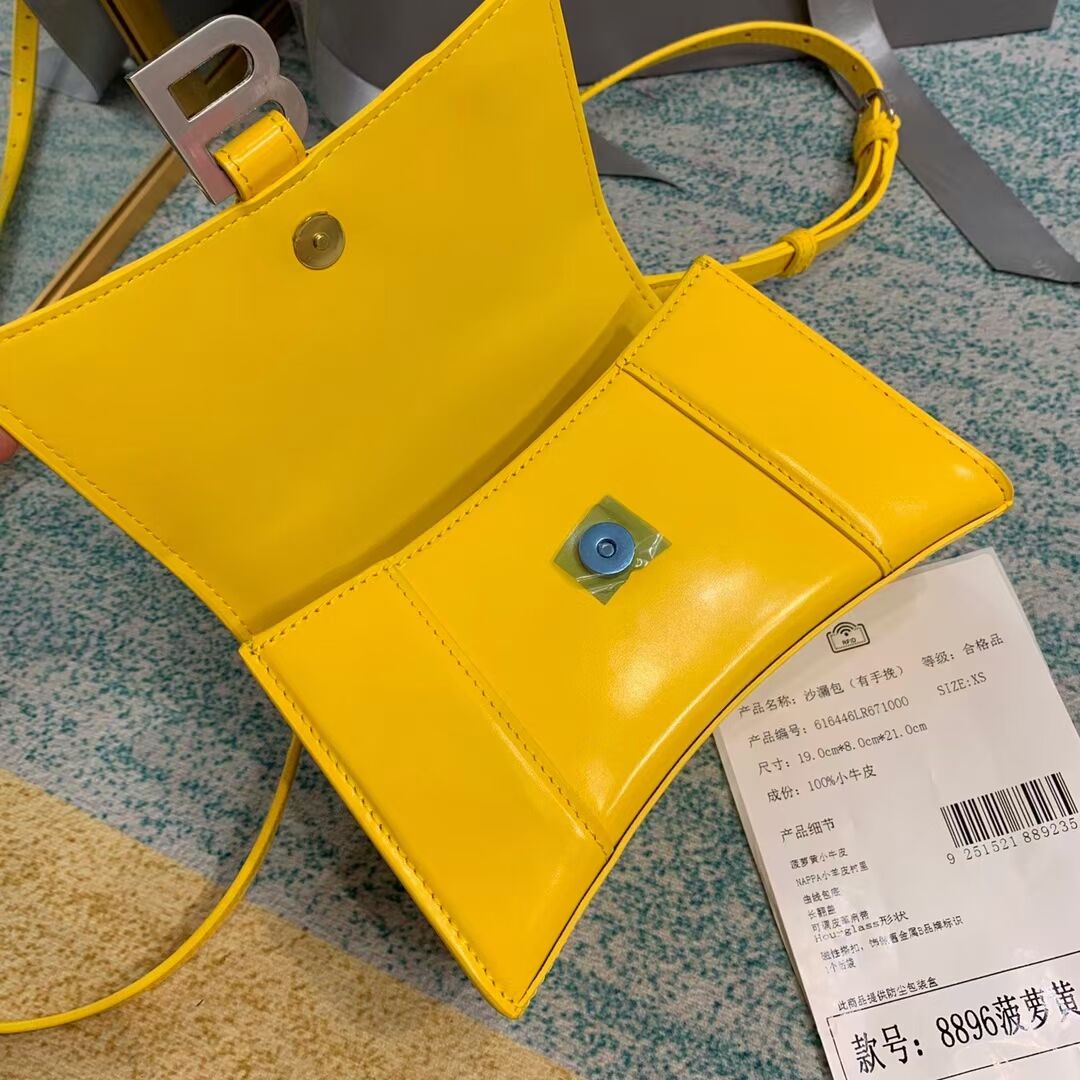 Balenciaga Hourglass XS Top Handle Bag shiny box calfskin 28331 yellow