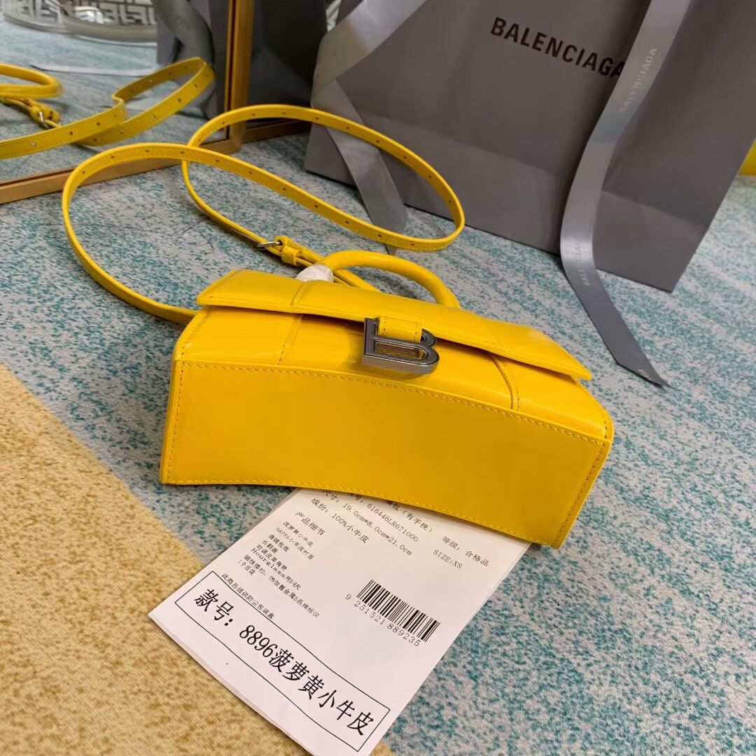 Balenciaga Hourglass XS Top Handle Bag shiny box calfskin 28331 yellow