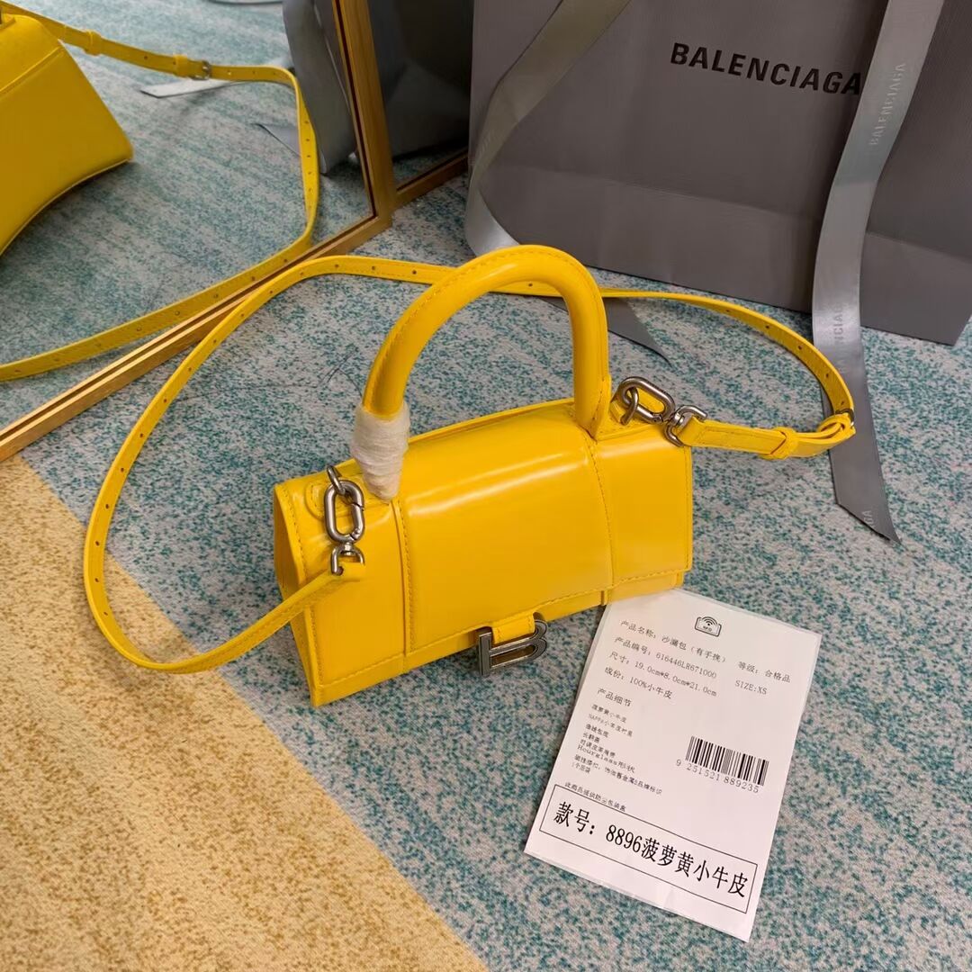 Balenciaga Hourglass XS Top Handle Bag shiny box calfskin 28331 yellow