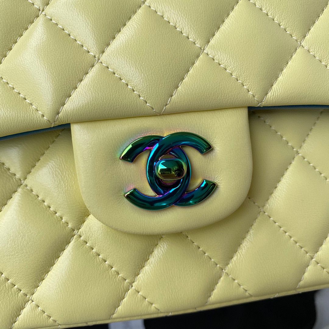 Chanel Classic Flap Shoulder Bag Original Sheepskin leather Colors Buckle Medium A01113 Yellow&Blue