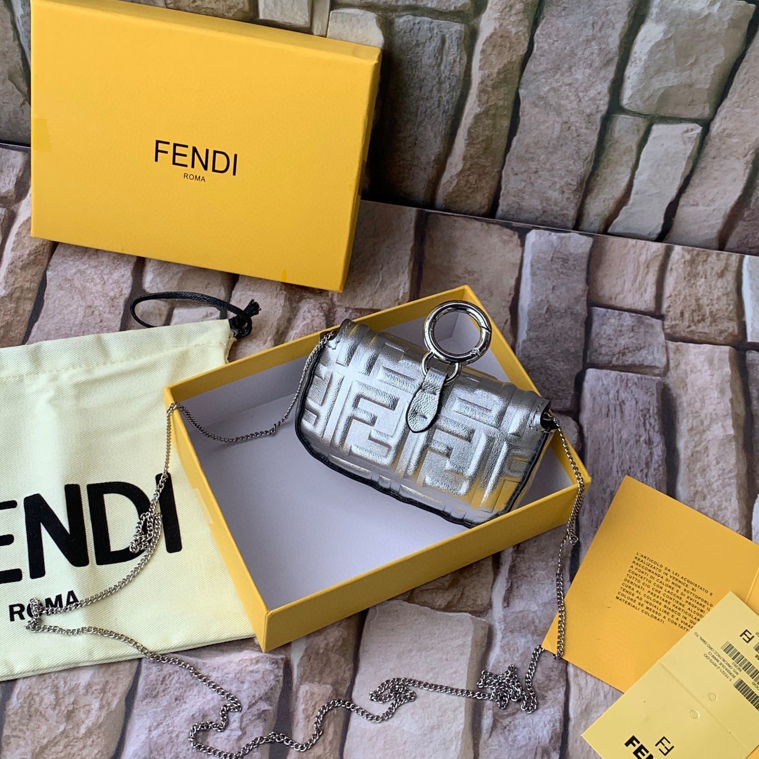 FENDI NANO BAGUETTE CHARM nappa leather 7AR844 Silver