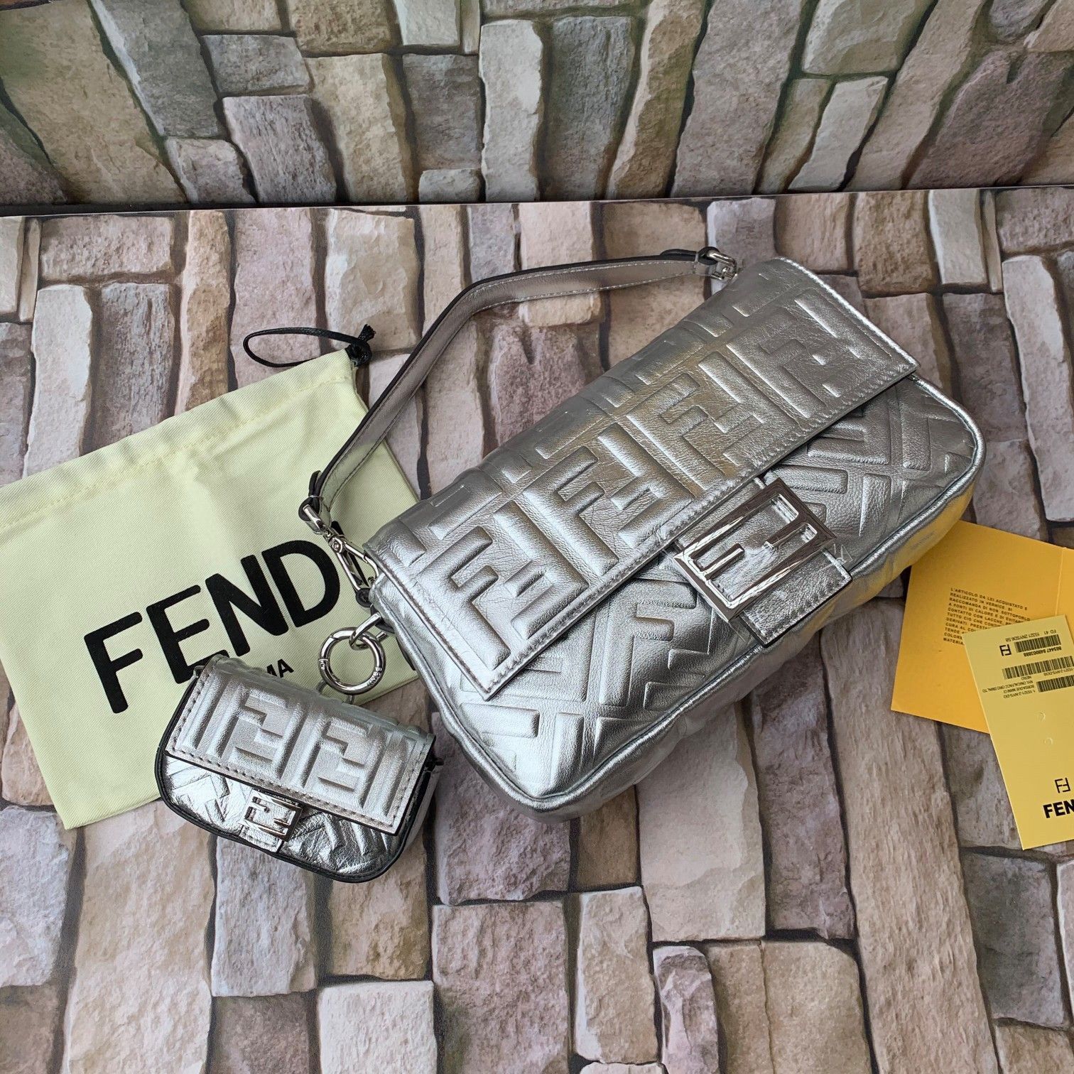 FENDI NANO BAGUETTE CHARM nappa leather 7AR844 Silver