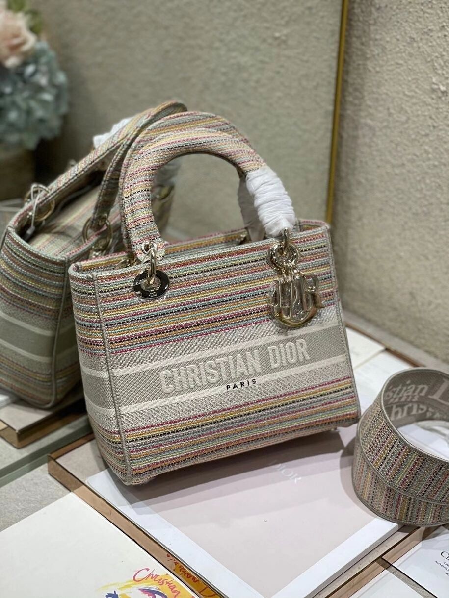 MEDIUM LADY D-LITE BAG Multicolor Stripes Embroidery M0565ORFO