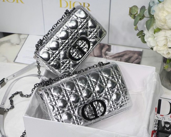 MEDIUM DIOR CARO BAG Silver-Tone Dior Spatial Crinkled Metallic Calfskin M9242B