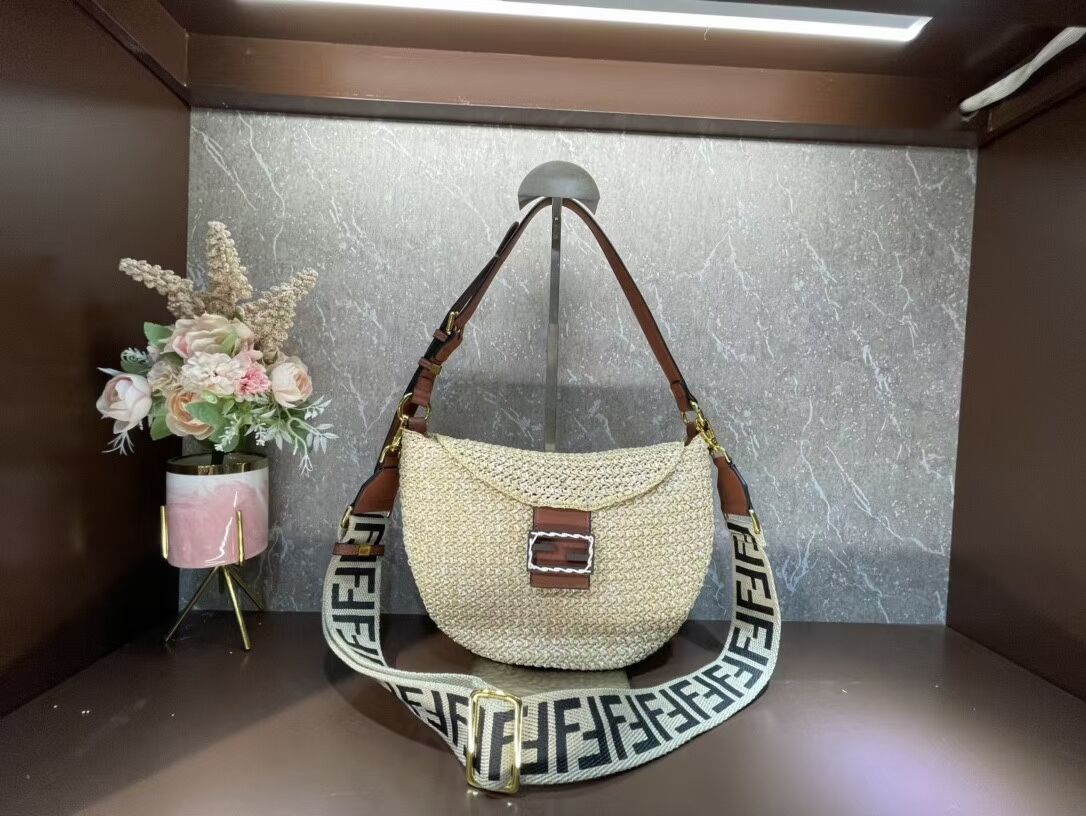 FENDI SMALL CROISSANT Woven straw bag 8BR790AFG