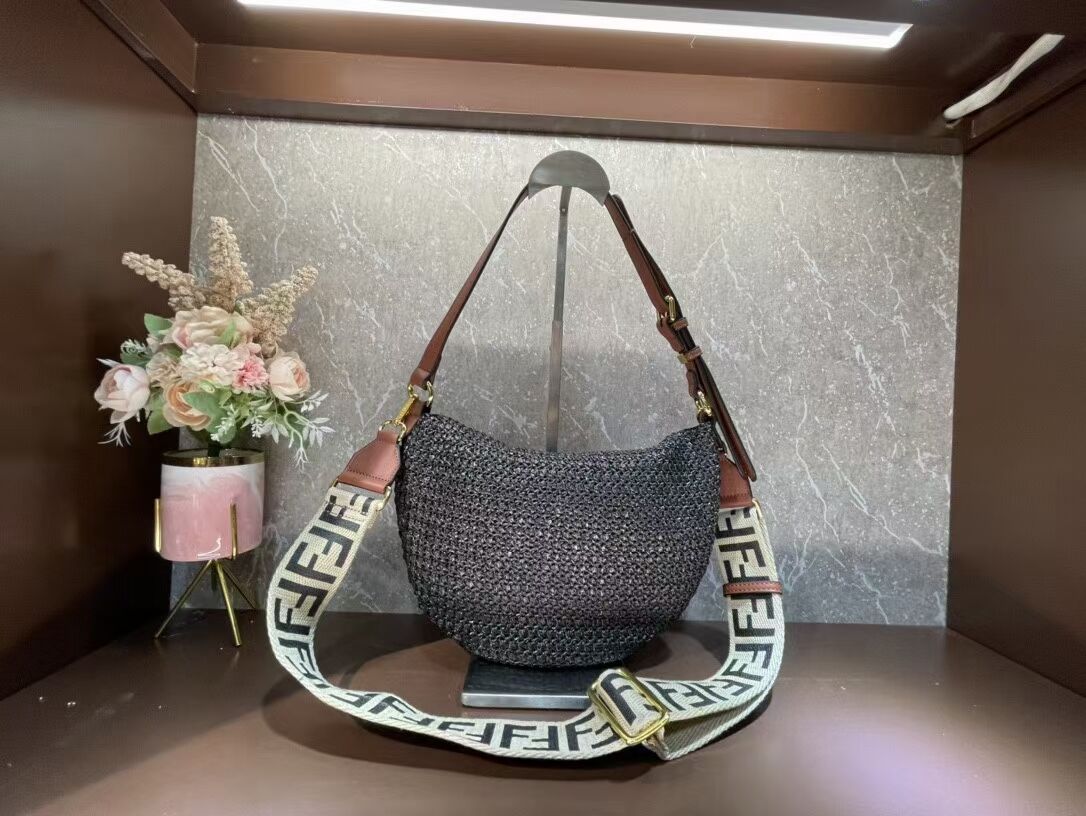 FENDI SMALL CROISSANT Woven straw bag 8BR790AFG black