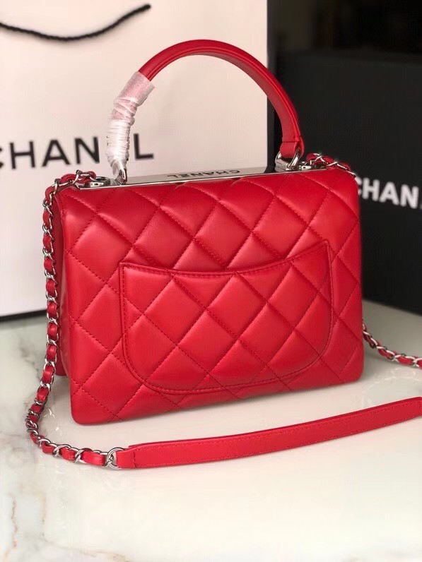 Chanel original lambskin top handle flap bag AS92236 red&silver-Tone Metal