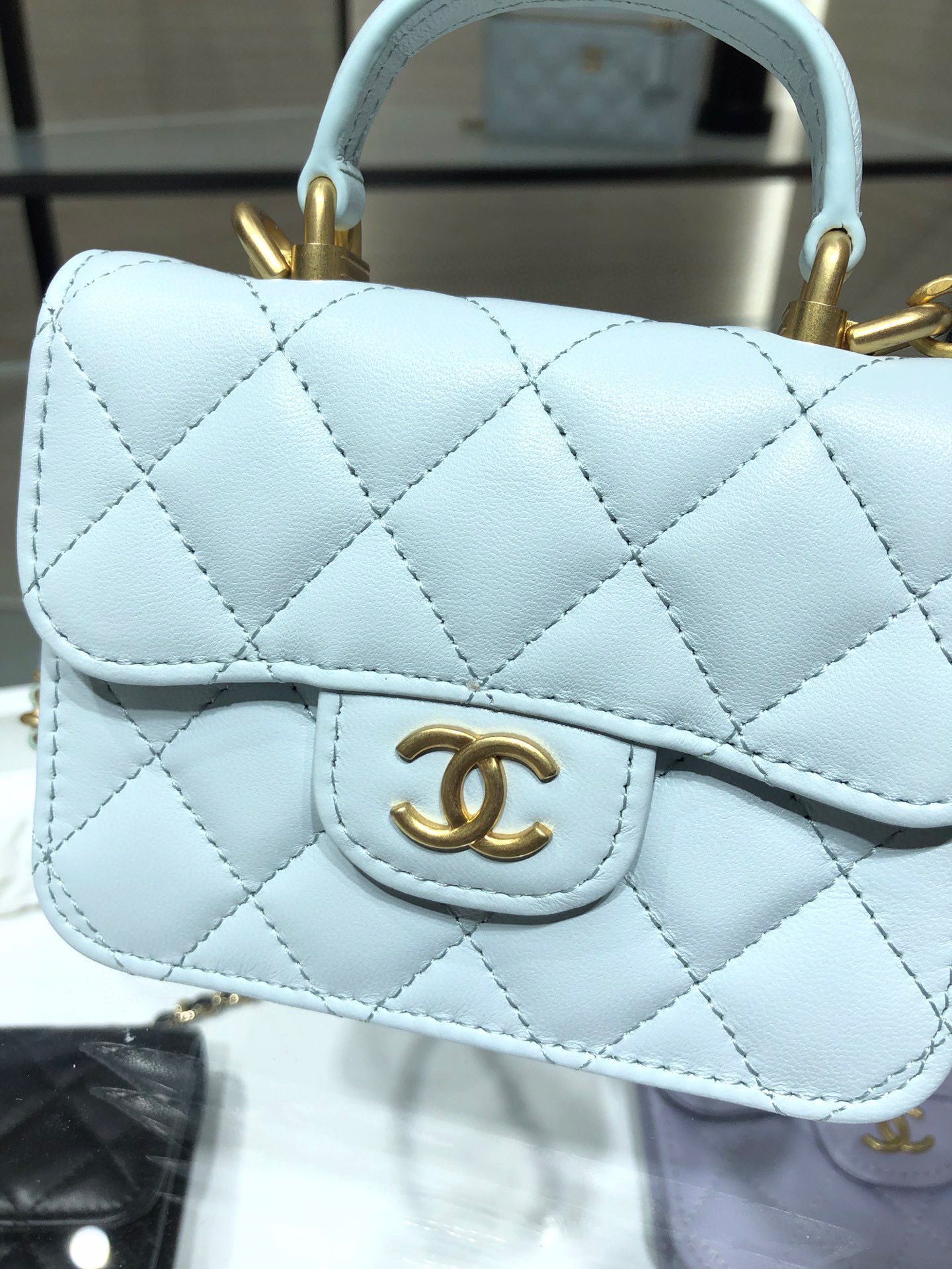 CHANEL Top Handle Micro Mini Wallet On Chain AP2200 Light Blue