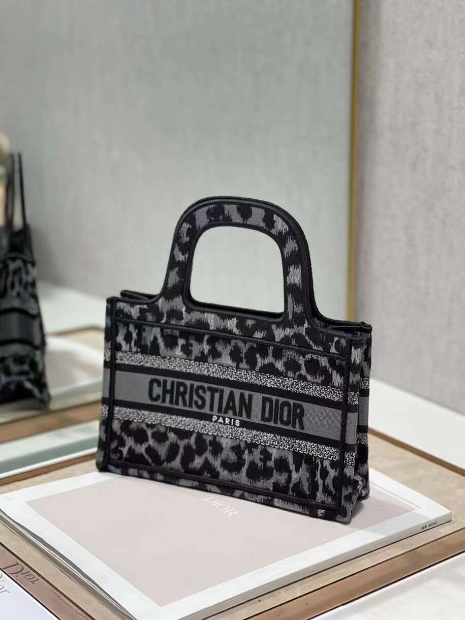 DIOR BOOK mini TOTE Embroidery C1783-1 Black leopard print