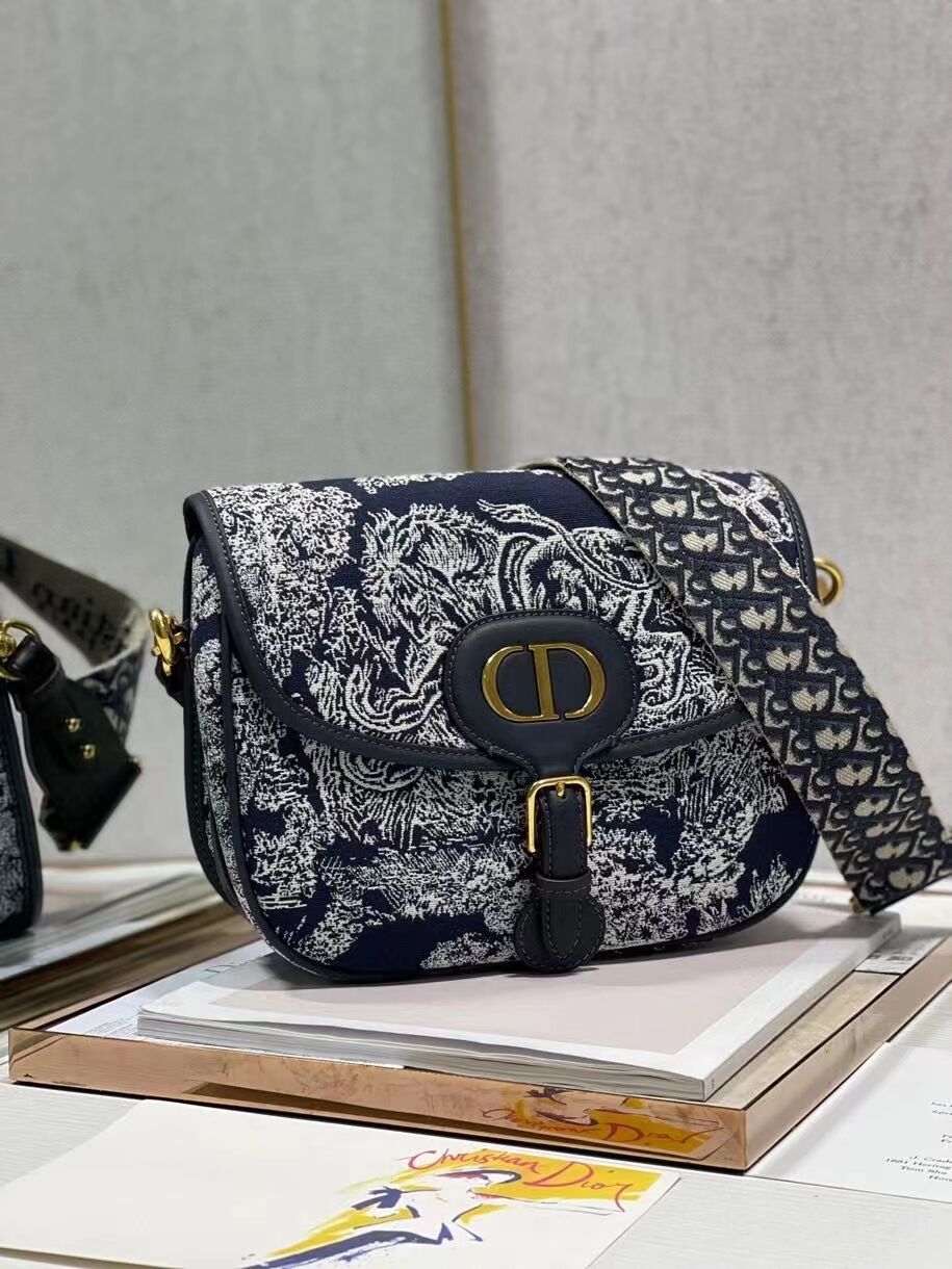 Large  DIOR BOBBY BAG Warm Taupe Box Oblique Embroidery C9267 dark blue