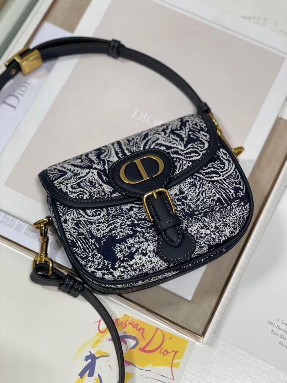 SMALL DIOR BOBBY BAG Warm Taupe Box Oblique Embroidery C9269 dark blue