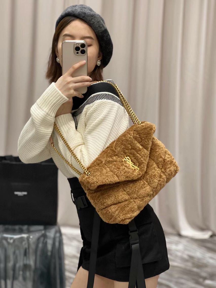 Yves Saint Laurent PUFFER BAG IN MERINO SHEARLING AND LAMBSKIN Y597476 brown