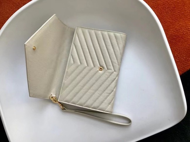 Yves Saint Laurent MONOGRAM CLUTCH IN QUILTED GRAIN DE POUDRE EMBOSSED LEATHER 617662 white