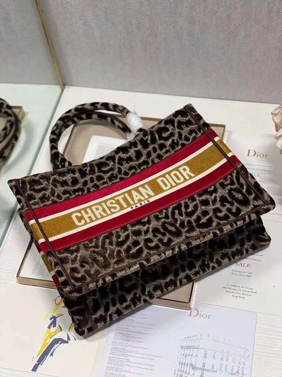 SMALL DIOR BOOK TOTE Embroidery C1287-2 Brown Leopard Print