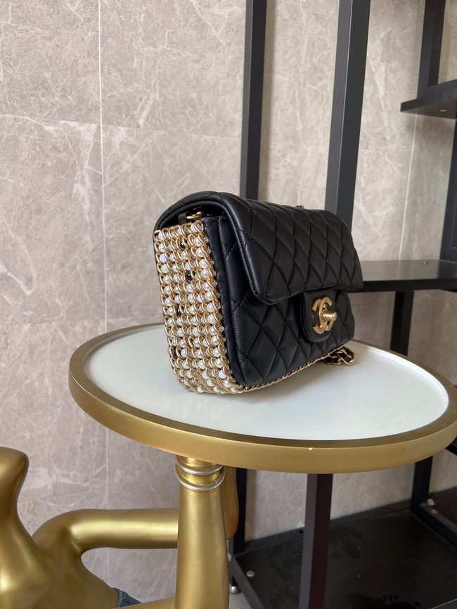 chanel classic handbag Lambskin &Imitation Pearls& gold Metal AS1740 black