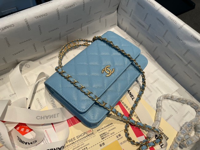 Chanel mini Shoulder Bag Grained Calfskin&Gold-Tone Metal AP2804 light blue