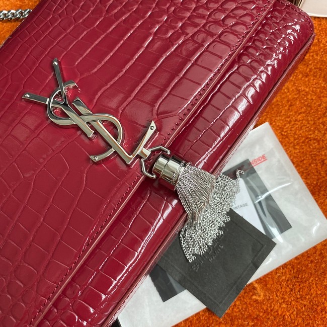 Yves Saint Laurent KATE CHAIN WALLET WITH TASSEL IN CROCODILE-EMBOSSED SHINY LEATHER 452159 Burgundy