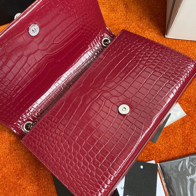 Yves Saint Laurent KATE CHAIN WALLET WITH TASSEL IN CROCODILE-EMBOSSED SHINY LEATHER 452159 Burgundy