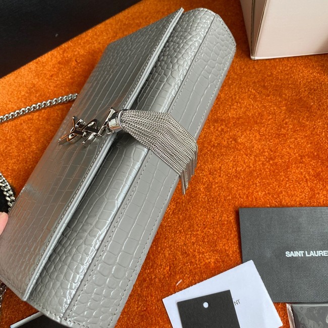 Yves Saint Laurent KATE CHAIN WALLET WITH TASSEL IN CROCODILE-EMBOSSED SHINY LEATHER 452159B GRAY