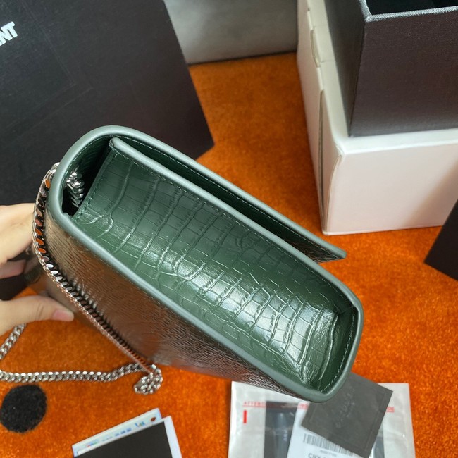 Yves Saint Laurent KATE CHAIN WALLET WITH TASSEL IN CROCODILE-EMBOSSED SHINY LEATHER 452159B blackish green