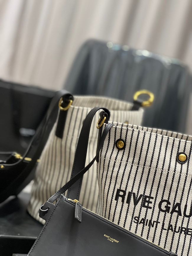 SAINT LAURENT RIVE GAUCHE BUCKET BAG IN STRIPED CANVAS AND LEATHER 669299 CREAM ET NOIR