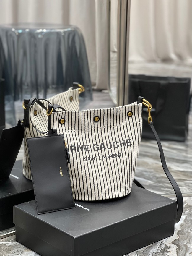 SAINT LAURENT RIVE GAUCHE BUCKET BAG IN STRIPED CANVAS AND LEATHER 669299 CREAM ET NOIR