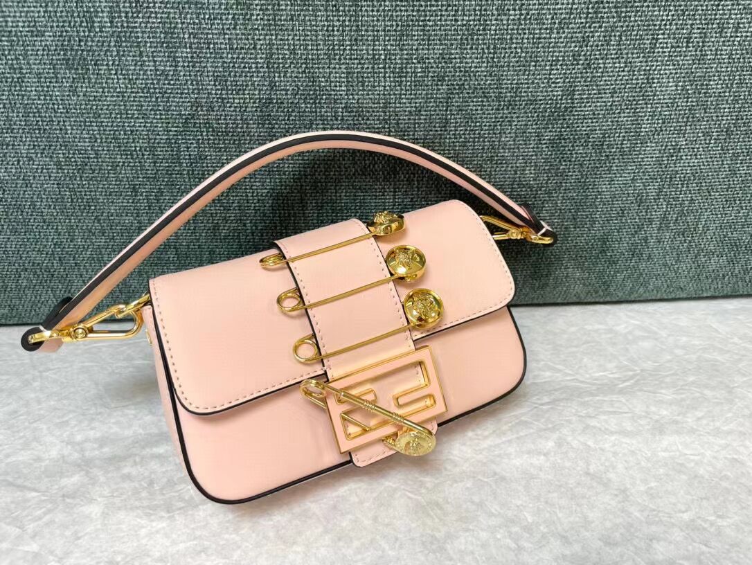 Fendi Brooch mini baguette Fendace leather bag 8BS066A pink